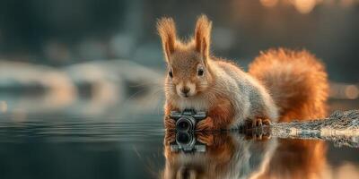 Squirrel with a camera by the water during sunset moments photo
