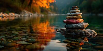 Colorful stacked stones by a calm river with autumn foliage reflecting in the water photo