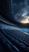 Empty stadium under a dramatic sky at dusk showcasing the curved seating design and track photo