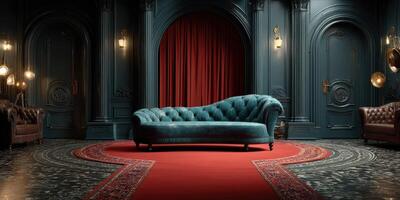 Elegant vintage lounge with a blue velvet sofa and dark green walls in an opulent setting photo