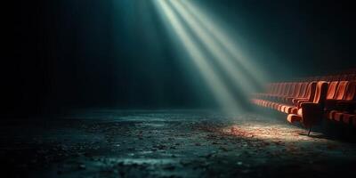 Empty red theater seats illuminated by rays of light in a dimly lit space surrounded by dust and abandoned ambiance photo