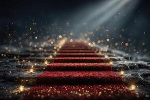 Elegant red carpet leading to a spotlight in a glamorous setting with sparkling lights at a nighttime event photo