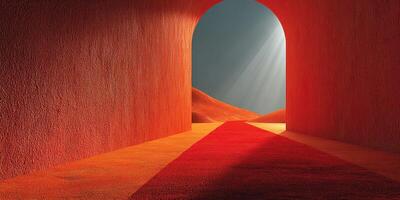 Bright red tunnel leads to desert landscape illuminated by sunlight in surreal artwork photo