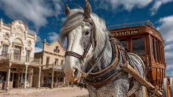 Horse stands next to a vintage carriage in an old western town during a sunny afternoon photo