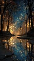 Serene autumn landscape at twilight with glowing trees reflecting in calm water photo