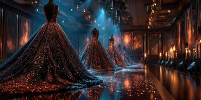 Elegant evening fashion showcase featuring sparkling gowns in a moody, illuminated venue during a glamorous event photo