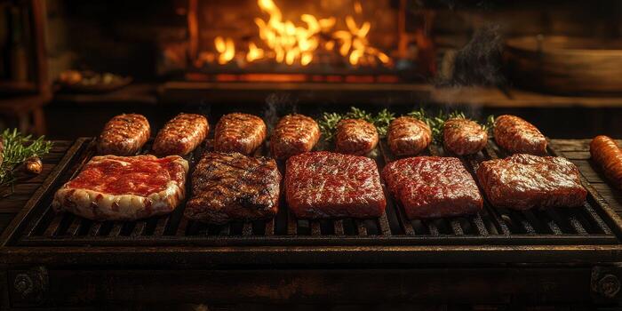 Grilling various cuts of meat on an open flame during a summer barbecue gathering photo