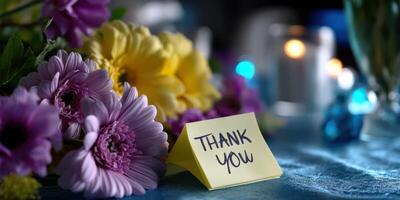 Beautiful arrangement of purple and yellow flowers with a heartfelt thank you note on a vibrant table setting photo