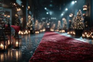Elegant pathway adorned with festive decorations and soft lighting during a winter celebration event at night photo