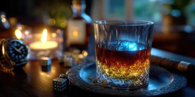 Elegant whiskey glass with amber liquid and glowing ambiance during an evening indoors photo
