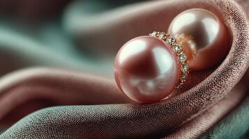 Elegant pink pearls resting on a soft fabric in a dimly lit setting, showcasing timeless beauty and luxury photo