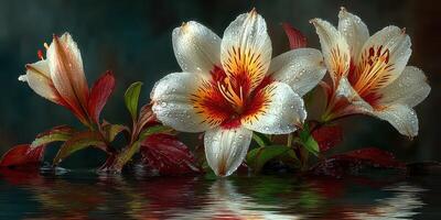 Beautiful white lilies with red accents in water droplets reflecting on serene surface photo