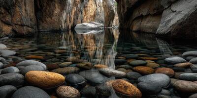 Tranquil waters reflect surrounding rocky walls in a secluded canyon at dusk photo