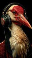 Bird with headphones showcasing a unique style in a creative and artistic portrait taken in a studio setting photo
