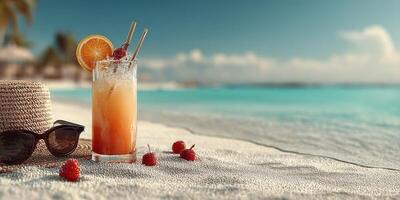 Refreshing tropical drink with fruits on sandy beach, surrounded by summer vibes and ocean view in bright sunlight photo