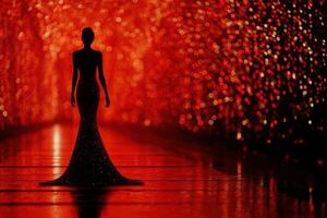 Fashion model walks on runway surrounded by vibrant red lights during a glamorous event in a stylish venue photo