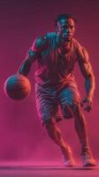 Dynamic basketball player dribbling a ball in a vibrant, colorful atmosphere during an energetic workout session photo