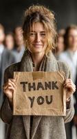 Woman expressing gratitude while holding a thank you sign in a crowded indoor setting photo