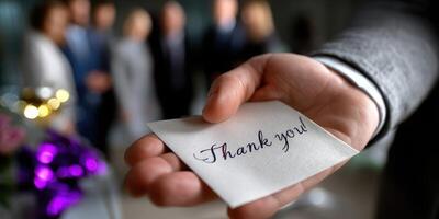 Hand holding a thank you note at a gathering during an indoor celebration with guests in the background photo