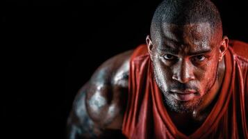 Athlete shows intense focus and determination during workout in a dark gym environment with dramatic lighting photo