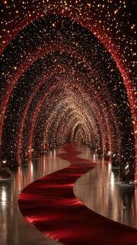 Elegant pathway adorned with sparkling lights and a red carpet welcoming guests at a formal event photo