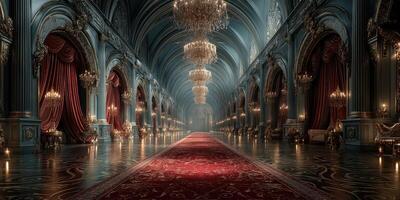 Magnificent grand hall with chandeliers and rich decor creating an elegant atmosphere in a historical building photo