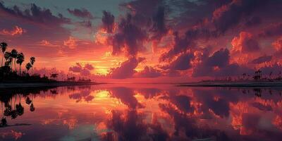 Stunning sunset over a tranquil body of water with colorful clouds and silhouetted palm trees in the background photo