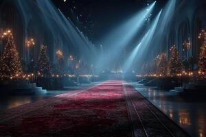 Elegant Christmas hall adorned with glowing trees and festive lights during a winter celebration at night photo