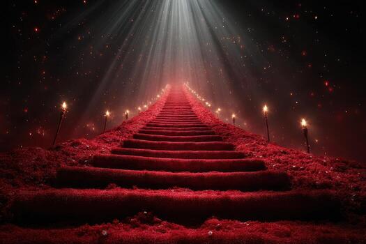 escalera líder a ligero con rojo alfombra y brillante antorchas en un oscuro, encantador ambiente foto