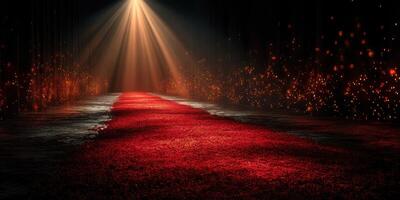 Red carpet leading to a spotlight in an elegant venue during a glamorous event at night photo
