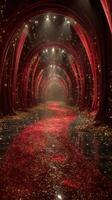 Elegant red corridor adorned with sparkling lights and a shimmering path during an enchanting evening event photo