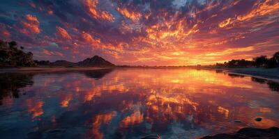Vibrant sunset reflecting on calm water near mountains in a serene landscape photo