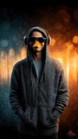 Unique urban character stands out with duck mask and headphones against vibrant background photo