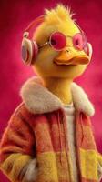 Colorful animated duck character wearing headphones and stylish jacket against a vibrant background photo