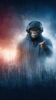 Gorilla with headphones points at the viewer in a vibrant digital background during a creative arts event photo
