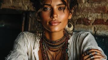 Young woman poses with intricate jewelry in a rustic setting during the golden hour photo