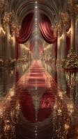 Elegant hallway adorned with festive decorations and shimmering reflections during a holiday celebration photo