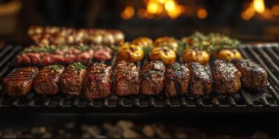 Mouthwatering barbecue with juicy steaks and vibrant vegetables grilled over an open flame at a summer gathering photo