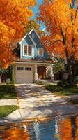 Beautiful autumn foliage surrounding a charming suburban home during a sunny afternoon photo
