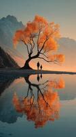 Beautiful autumn landscape with a tree and two silhouettes at sunrise near a calm lake photo