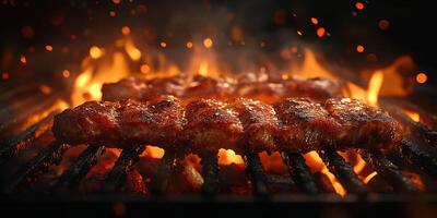Juicy meat sizzling on a grill with flames and sparks in a backyard barbecue setting during the evening photo