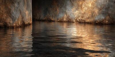 Reflections on still water in a dimly lit cavern with textured walls photo