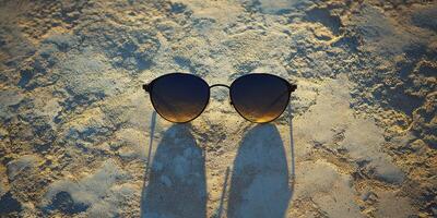 Sunglasses resting on a textured surface at sunset casting long shadows in a serene outdoor setting photo