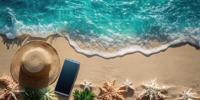 Relaxation at the beach with a smartphone, hat, and seashells at the shoreline during sunny weather photo