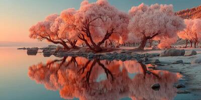 Stunning landscape featuring pink trees reflected in tranquil water during sunset in a serene natural setting photo