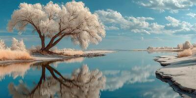 Breathtaking landscape with a solitary tree reflected in calm water at a serene riverbank during midday photo