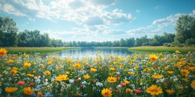Vibrant wildflower field under a bright sky by a serene lake in springtime photo