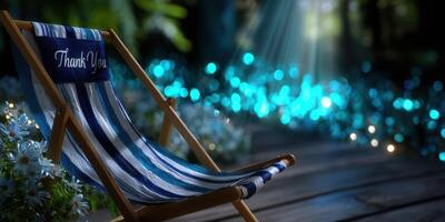 Relaxing chair with thank you message set in a serene garden filled with shimmering blue lights during twilight photo