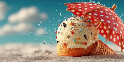 Delightful ice cream cone under a red polka dot umbrella on a sunny beach day photo