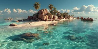 Beautiful tropical island with clear turquoise water and lush palm trees on a sunny day in paradise photo